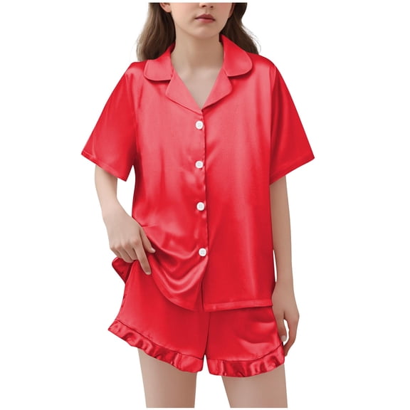 OGLCCG Girls Silk Satin Pajama Set 2 Piece Short Sleeve Button Down Pjs Top and Short Sets Soft Sleepwear Nightwear for Teens Girls 5-15 Years