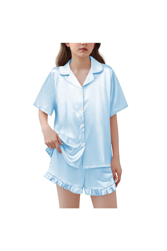 Girls Silk Satin Pajama Set 2 Piece Short Sleeve Button Down Pjs Top and Short Sets Soft Sleepwear Nightwear for Teens Girls 5-15 Years