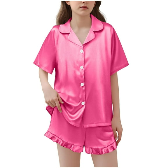 OGLCCG Girls Silk Satin Pajama Set 2 Piece Short Sleeve Button Down Pjs Top and Short Sets Soft Sleepwear Nightwear for Teens Girls 5-15 Years