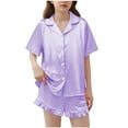 thumbnail image 1 of OGLCCG Girls Silk Satin Pajama Set 2 Piece Short Sleeve Button Down Pjs Top and Short Sets Soft Sleepwear Nightwear for Teens Girls 5-15 Years, 1 of 6