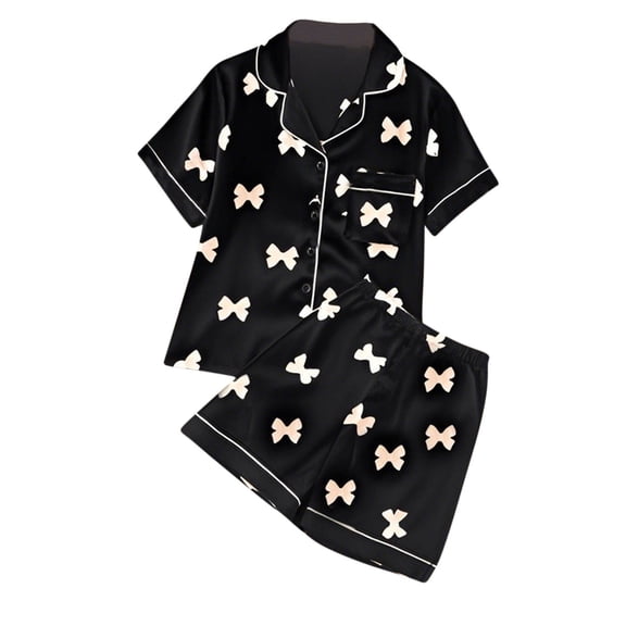 OGLCCG Girls Silk Satin Pajama Set Short Sleeve Button Down Sleepwear and Shorts Cute Bow Prinetd Sleepwear Pjs Sets for Kids 8-12 Years