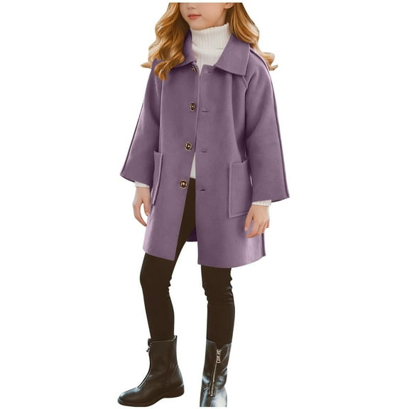 OGLCCG Girls Single Breasted Dress Coat Kids Lapel Single Breasted Trench Coats Warm Pea Coats Fall Winter Outerwear with Pockets 4-14 Years