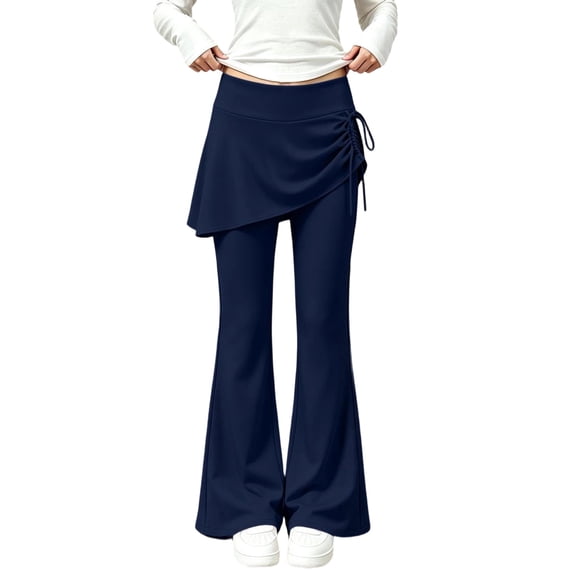 OGLCCG Girls Skirted Flare Leg Pants, Side Drawstring 2-in-1 Skort Yoga Pants Stretchy Athletic Bell Bottoms for Dance(Navy,9-10 Years)