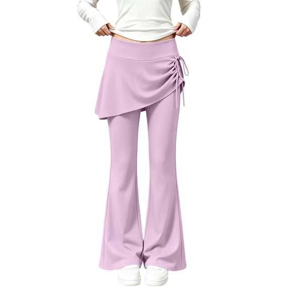 OGLCCG Girls Skirted Flare Leg Pants, Side Drawstring 2-in-1 Skort Yoga Pants Stretchy Athletic Bell Bottoms for Dance(Purple,13-14 Years)