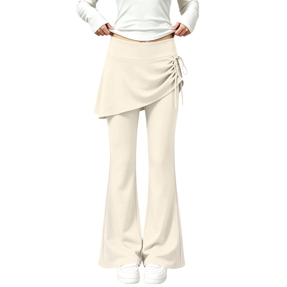 OGLCCG Girls Skirted Flare Leg Pants, Side Drawstring 2-in-1 Skort Yoga Pants Stretchy Athletic Bell Bottoms for Dance(White,7-8 Years)