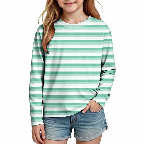OGLCCG Girls Striped Long Sleeve Shirts Crewneck Basic Tops for Kids Lightweight Stretch Fall Tops Size 5