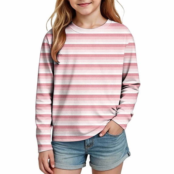 OGLCCG Girls Striped Long Sleeve Shirts Crewneck Basic Tops for Kids Lightweight Stretch Fall Tops Size 9