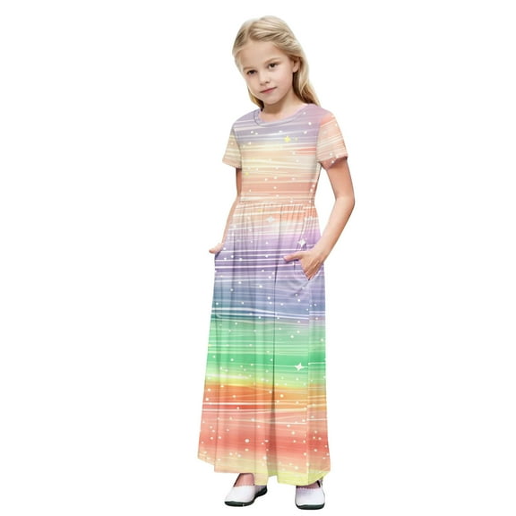 OGLCCG Girls Summer Maxi Dress Tie Dye Short Sleeve Casual Holiday A Line Flowy Long Dress Loose Boho Beach Dress with Pockets 4-14 Years