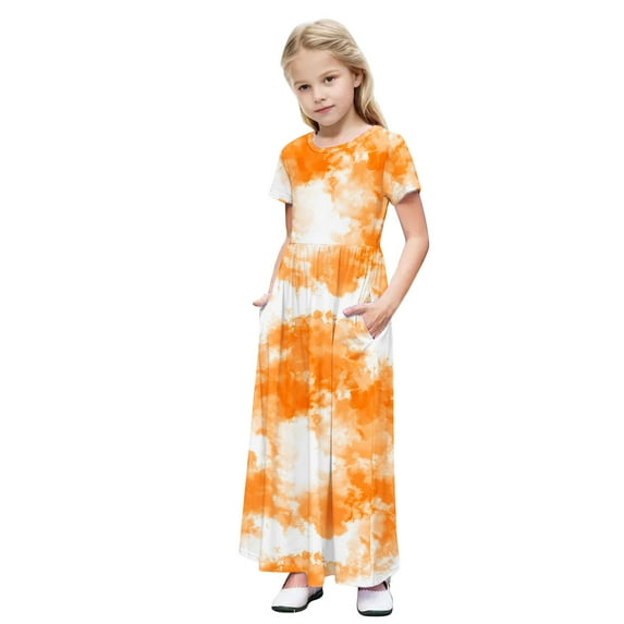 OGLCCG Girls Summer Maxi Dress Tie Dye Short Sleeve Casual Holiday A Line Flowy Long Dress Loose Boho Beach Dress with Pockets 4-14 Years