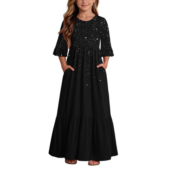 OGLCCG Girls Summer Maxi Dresses Short Sleeve Casual Flowy Tiered Dress with Pockets A Line Pleated Flowy Dress 4-14 Years