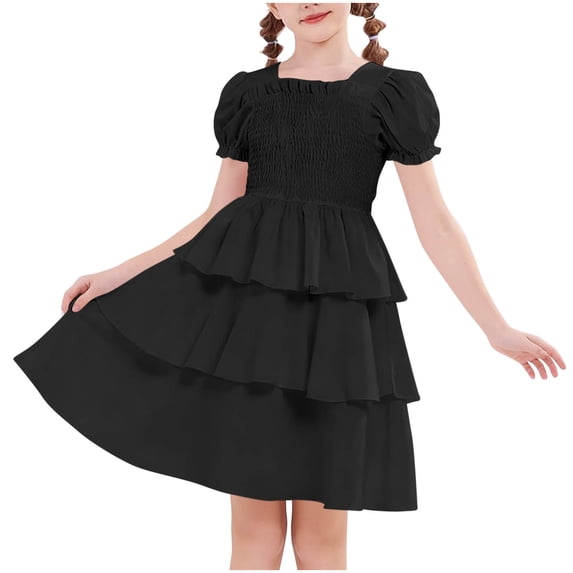 OGLCCG Girls Summer Midi Dress Casual Square Neck Swing Tiered Smocked Dresses for Tween Ruffle Flowy Princess Dress 5-13 Years
