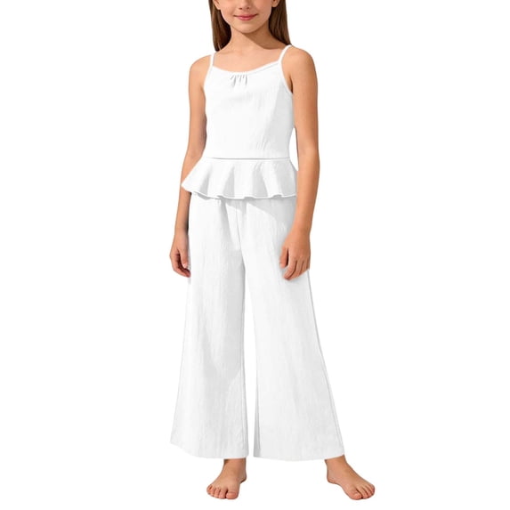 OGLCCG Girls Summer Outfit Set Sleeveless Ruffle Hem Tank Top and Wide Leg Pants Two Piece Girls Lightweight Outfits 4-15 Years