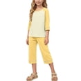 thumbnail image 1 of OGLCCG Girls Summer Outfits 2 Piece 3/4 Sleeve T Shirts and Capris Clothing Sets with Pockets Color Block Loungewear Sets 2-14 Years, 1 of 7