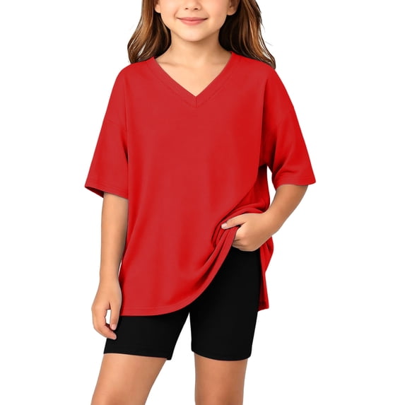 OGLCCG Girls Summer Outfits 2 Piece Athletic Sets Oversized V Neck Side Split Shirts and Biker Shorts Casual Workout Outfits Size 4-15
