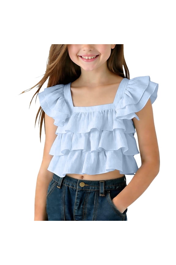 Girls Summer Ruffle Cap Sleeve T Shirts Square Neck Layer Peplum Hem Cute Crop Tees Trendy Flowy Tops Blouse 2-13 Years