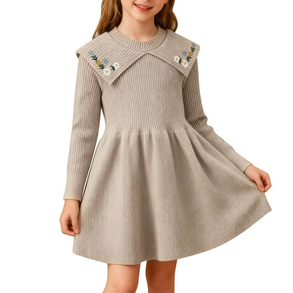 OGLCCG Girls Sweater Dress Fall Winter Long Sleeve Cable Knit Crewneck Pullover Dresses for Girls A Line Pleated Sweater Dresses 4-8 Years