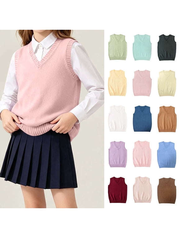 Girls Sweater Vest V Neck Knitted School Uniform Vest for Kids Casual Sleeveless Preppy Pullover Waistcoat(White,11 Years)