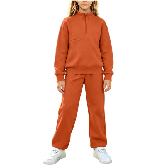 OGLCCG Girls Sweatsuit 2 Piece Sets Fall Fleece Hoodie and Wide Leg Sweatpants Set with Pockets Tracksuit Jogging Outfits(Orange,14-15 Years)