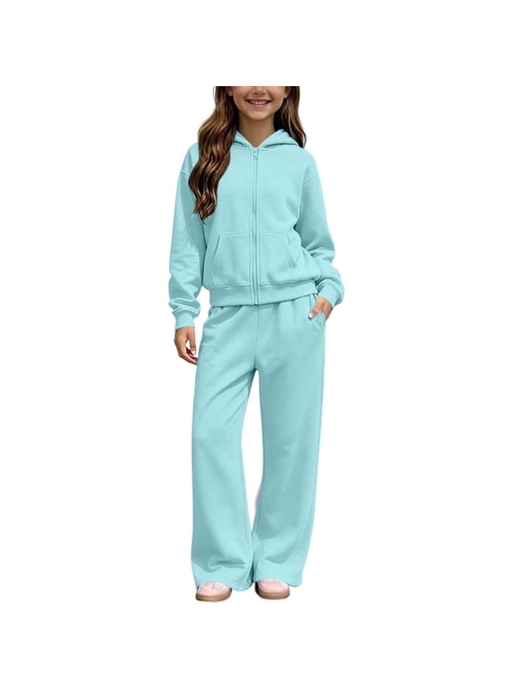 Girls Sweatsuit Set,Kids Fleece Full Zip Hoodies and Sweatpants Set with Pockets,Girls 2 Piece Tracksuit,Size 7