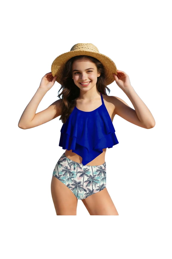 Girls Swimsuit Bikini Set 2 Piece Bathing Suit Tiered Ruffled Contrast Trim Adjustable Straps Swimwear Tops and Tropical Print Swim Shorts 7-14 Years
