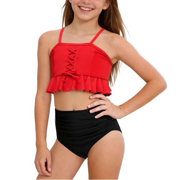 OGLCCG Girls Swimsuit Bikini Set Two Piece Ruffled Hem High Waist Bathing Suit Adjustable Straps Summer Beach Swimwear for Teens Girls 3-14 Years