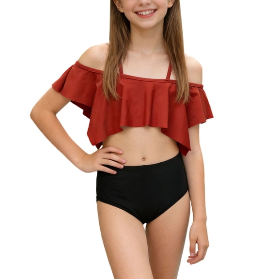 OGLCCG Girls Swimsuit Swimwear Two Piece Ruffled High Waist Bathing Suit Adjustable Straps Summer Beach Bikini Sets for Teens Girls 3-14 Years