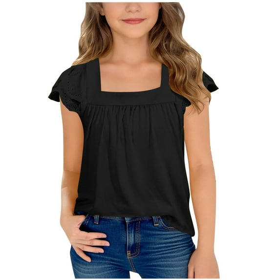 OGLCCG Girls T Shirts Short Sleeve Square Neck Summer Lace Openwork Pleated Tops Casual Loose Fit Solid Color Blouse Tunic Tees 5-15 Years