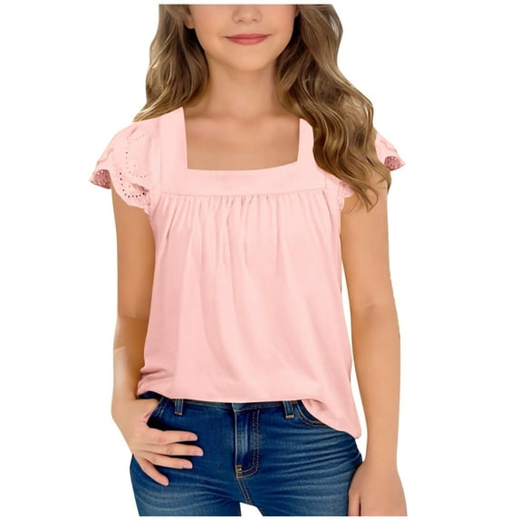 OGLCCG Girls T Shirts Short Sleeve Square Neck Summer Lace Openwork Pleated Tops Casual Loose Fit Solid Color Blouse Tunic Tees 5-15 Years