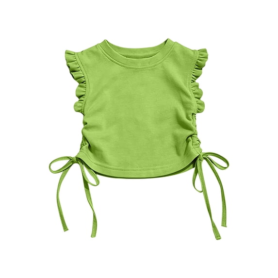 OGLCCG Girls Tees Shirts Cute Crew Neck Ruffle Sleeve Side Drawstring T Shirts Kids Teens Solid Casual Summer Ruched Crop Tops 2-10 Years