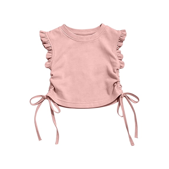 OGLCCG Girls Tees Shirts Cute Crew Neck Ruffle Sleeve Side Drawstring T Shirts Kids Teens Solid Casual Summer Ruched Crop Tops 2-10 Years