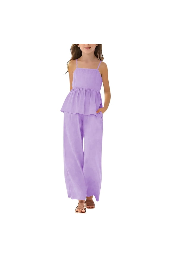 Girls Two Piece Outfits 2 Piece Linen Camisole Tank Top and Long Pants Set Teen Kids Trendy Beach Clothes Sets 3-14 Years
