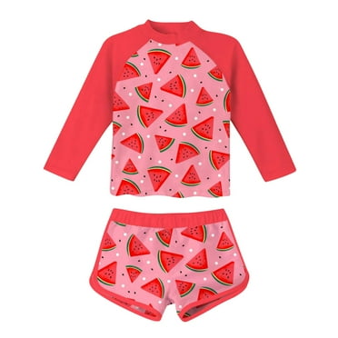 OGLCCG Girls Two Pieces Swimsuit Long Sleeve Rash Guard Bathing Suit Cute Watermelon Print Beach Swimwear with Shorts for Kids 2-11Years