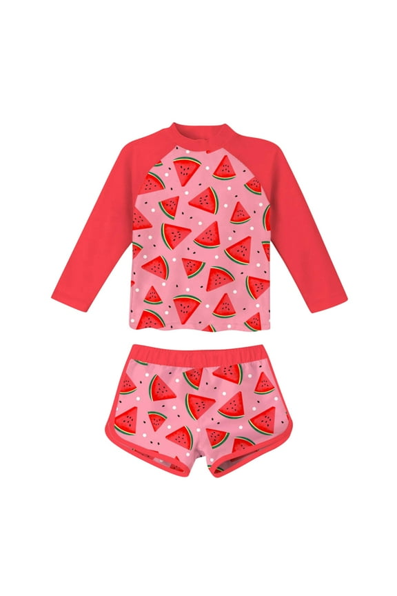 Girls Two Pieces Swimsuit Long Sleeve Rash Guard Bathing Suit Cute Watermelon Print Beach Swimwear with Shorts for Kids 2-11Years