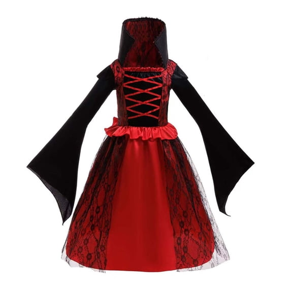 OGLCCG Girls Vampire Halloween Dress, Velvet Long Sleeve Lace Gothic Fancy Party Dress Cute Witch Princess Dress for Little Girls(Red,3-4 Years)