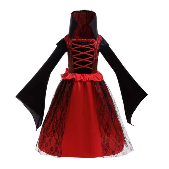 OGLCCG Girls Vampire Halloween Dress, Velvet Long Sleeve Lace Gothic Fancy Party Dress Cute Witch Princess Dress for Little Girls(Red,8-9 Years)