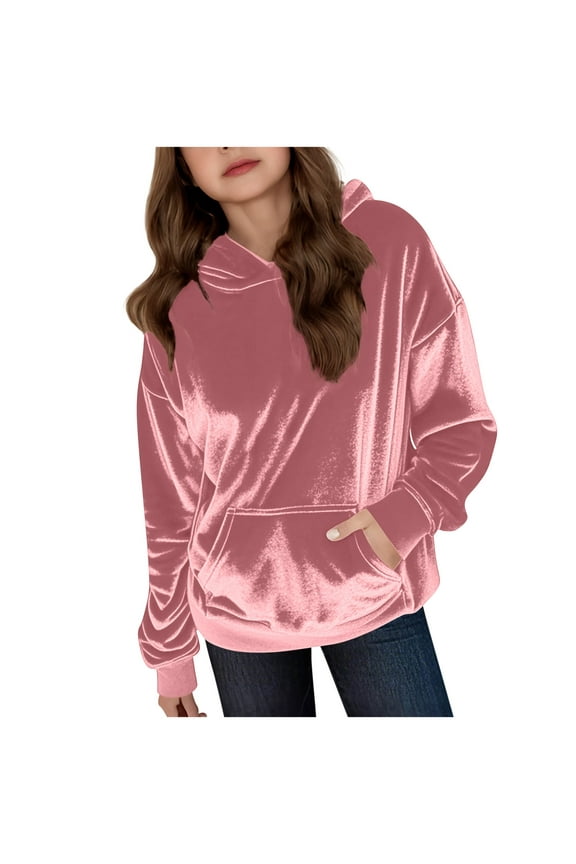 Girls Velour Hoodie Oversized Long Sleeve Velvet Hooded Sweatshirts with Pockets Solid Color Lightweight Pulllover Tops 4-15 Years