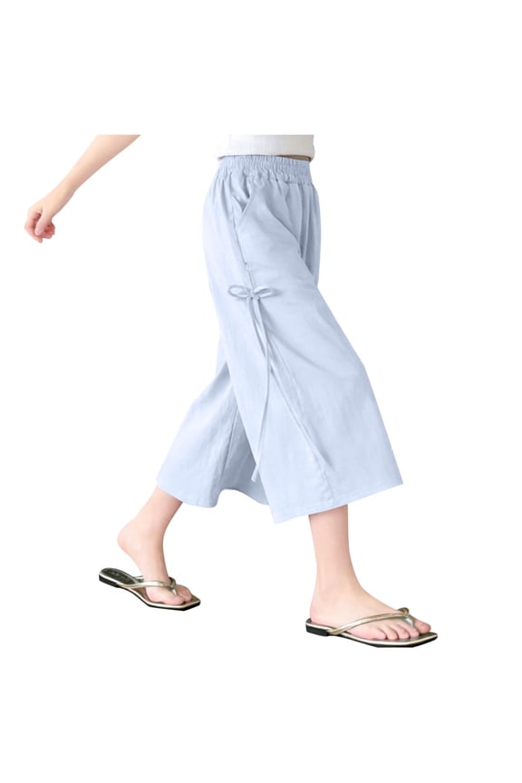 Girls Wide Leg Capri Pants Kids Bow Side High Waisted Loose Fit Cropped Pants Summer Comfy Lounge Trousers with Pockets 3-16 Years
