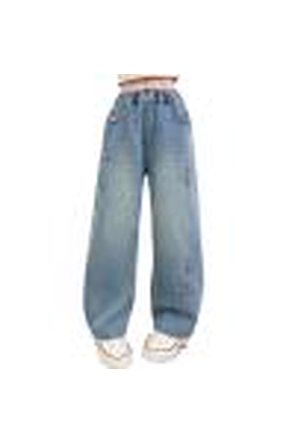 Girls Wide Leg Jeans Trendy Star Embroidery Baggy Denim Pants with Pockets Teen Youth Elastic Waist Y2K Streewear Jeans 5-15 Years