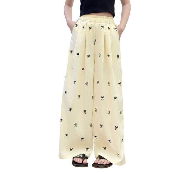 OGLCCG Girls Wide Leg Pants Loose Fit Elastic Waist Bow Pants Casual Flowy Trousers with Pockets 5-15 Years