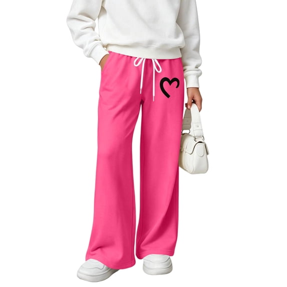 OGLCCG Girls Wide Leg Sweatpants Drawstring High Waist Baggy Track Pants Cute Heart Print Sweatpants with Pockets for Teen Size 5-15
