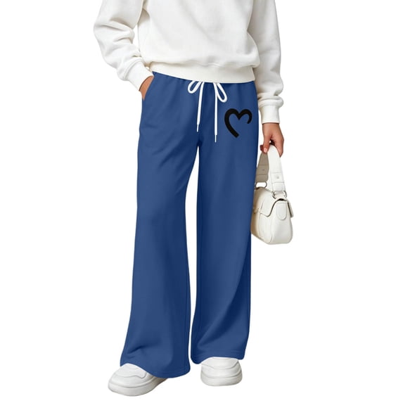OGLCCG Girls Wide Leg Sweatpants Drawstring High Waist Baggy Track Pants Cute Heart Print Sweatpants with Pockets for Teen Size 5-15