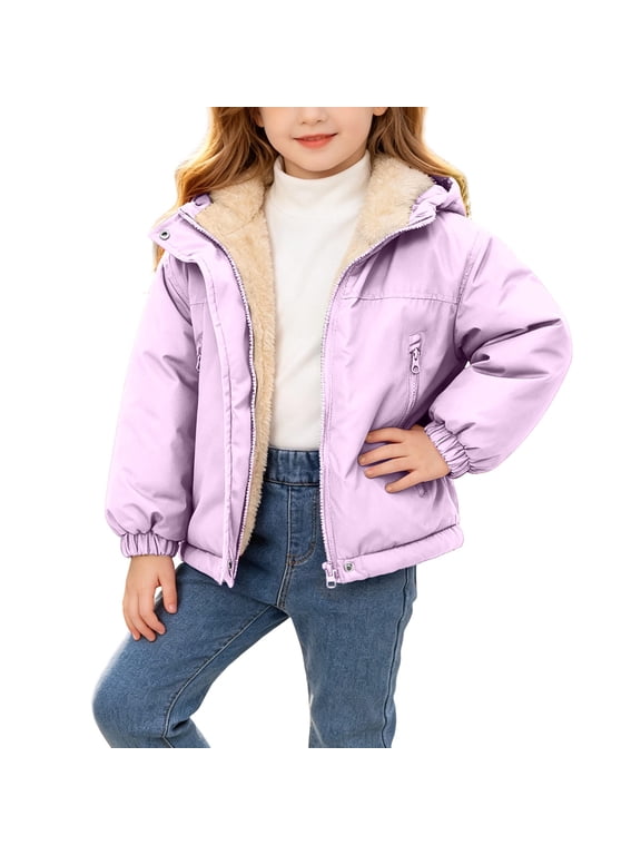 Girls Winter Coat Fleece Lined Hooded Puffer Jacket with Pockets Warm Full Zip Thick Parka Coats,Size 1-7