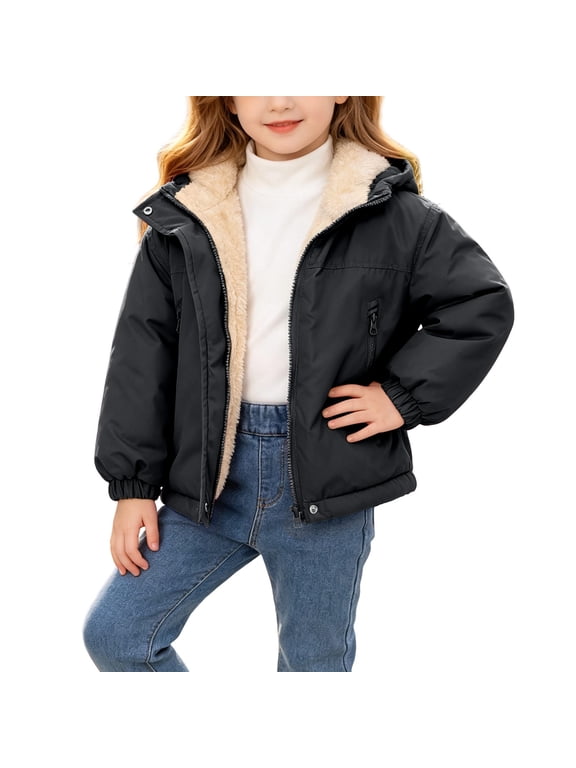 Girls Winter Coat Fleece Lined Hooded Puffer Jacket with Pockets Warm Full Zip Thick Parka Coats,Size 1-7