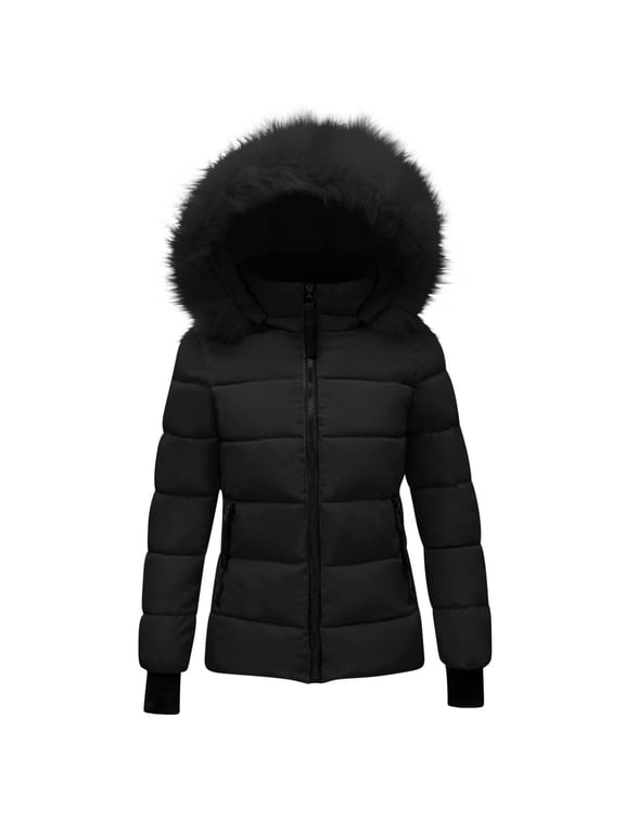 Girls Winter Puffer Coats with Faux Fur Hood Full Zip Thermal Warm Padded Jackets with Pockets Thick Hooded Down Outwear 5-14 Years
