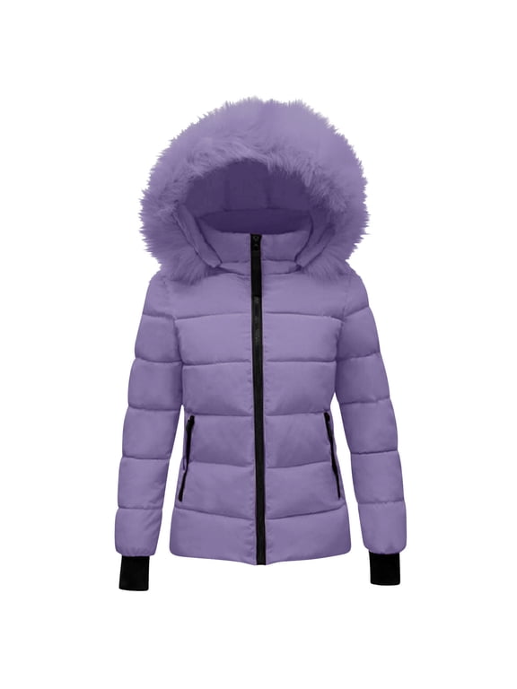 Girls Winter Puffer Coats with Faux Fur Hood Full Zip Thermal Warm Padded Jackets with Pockets Thick Hooded Down Outwear 5-14 Years