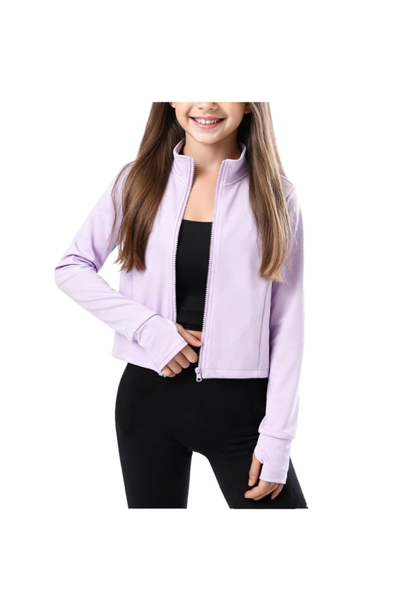 Girls Zip Up Jacket Lightweight Long Sleeve Athletic Yoga Jackets with Pockets Running Workout Jacket with Thumb Holes 3-15 Years