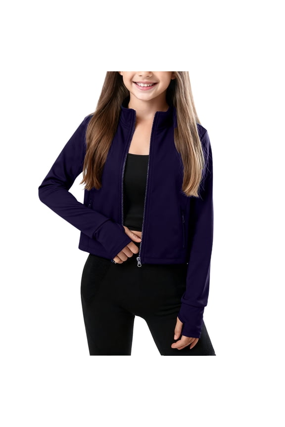 Girls Zip Up Jacket Lightweight Long Sleeve Athletic Yoga Jackets with Pockets Running Workout Jacket with Thumb Holes 3-15 Years