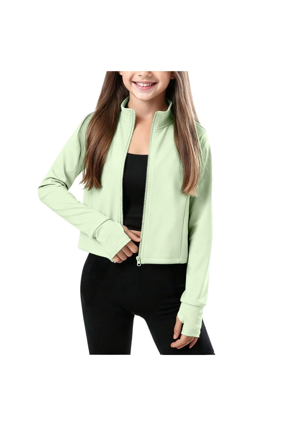 Girls Zip Up Jacket Lightweight Long Sleeve Athletic Yoga Jackets with Pockets Running Workout Jacket with Thumb Holes 3-15 Years