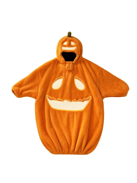 Halloween Pumpkin Onesie Jumpsuit, Plush Hooded Costume for Kids Boys Girls, Pumpkin Jack O Lantern Hooded Onesie Costume