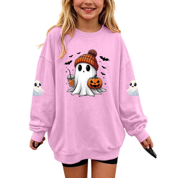 OGLCCG Halloween Sweatshirt for Girl Ghost Pumpkin Prints Cute Crewneck Long Sleeve Tops Festival Pullover Tops,Size 5